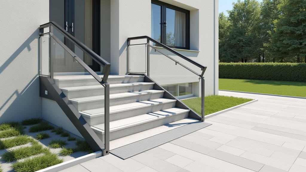 Plateforme élévatrice pour fauteuil roulant installée sur un escalier extérieur en béton à Abeilhan, avec barrières de sécurité et contrôle tactile