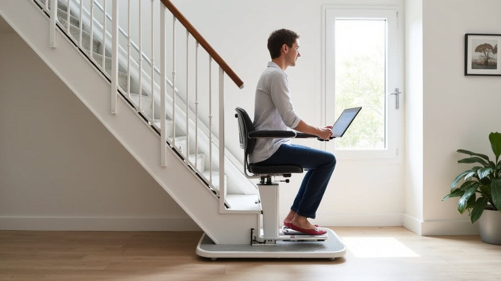 Plateforme élévatrice pour fauteuil roulant installée sur un escalier intérieur à Aubiet, avec utilisateur en fauteuil roulant