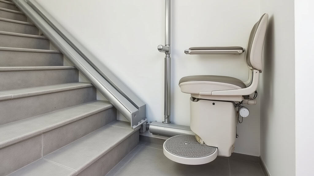 Plateforme monte-escalier avec fauteuil roulant intégré, installée sur un escalier droit en béton dans une maison de Petit-Réderching, barrières de sécurité activées
