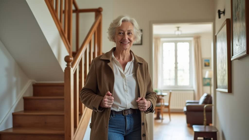 Senior souriant utilisant un monte-escalier dans une maison typique de Courtry, Seine-et-Marne