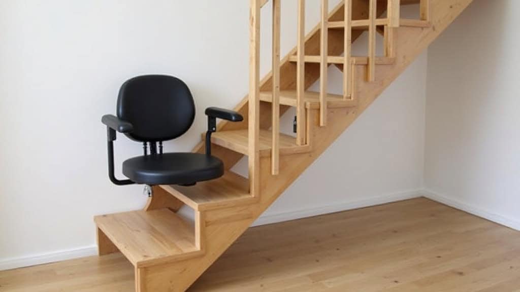 Siège monte-escalier en bois noir installé sur un escalier intérieur en chêne à Brain-sur-Allonnes, avec repose-pieds automatique et commande tactile