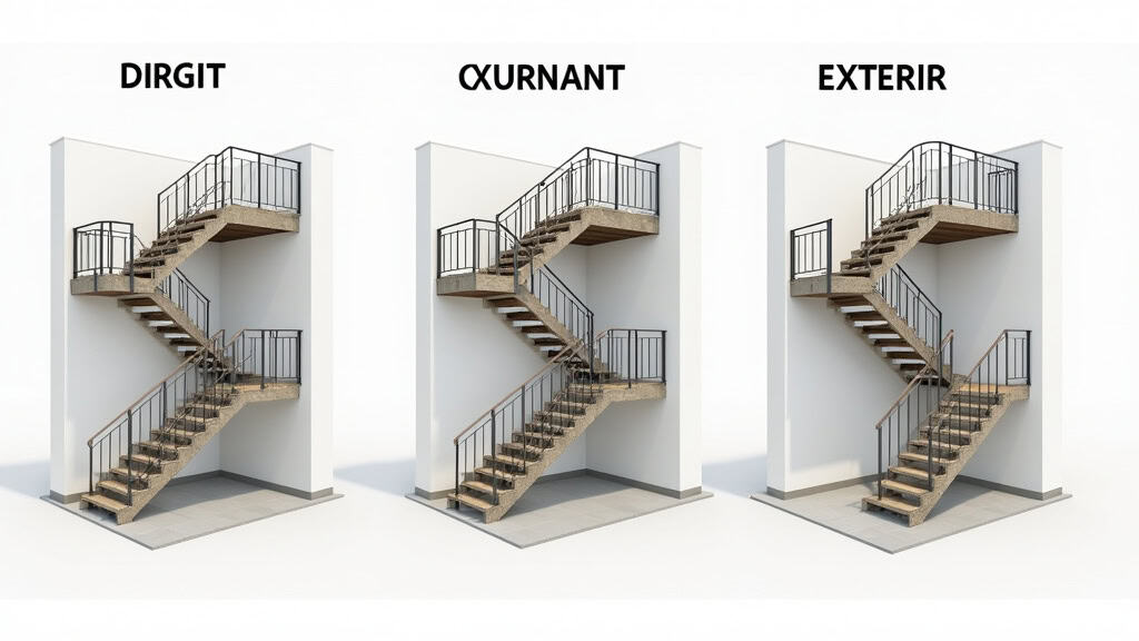 Tableau comparatif visuel des types de monte-escaliers : droit, tournant et extérieur, avec photos réelles de chaque modèle installé à Charenton-le-Pont
