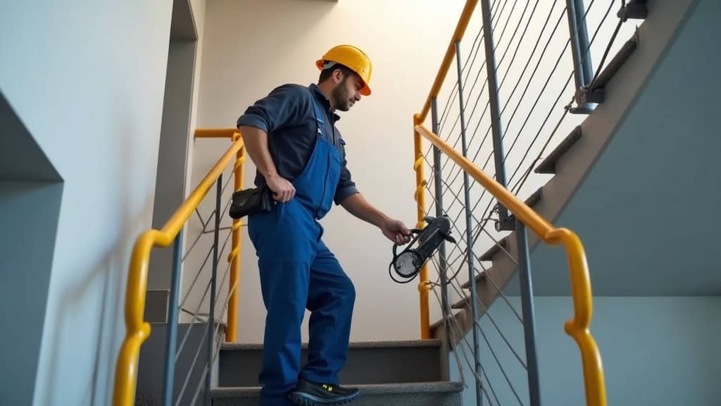 Technicien effectuant l’entretien d’un monte-escalier à Sérézin-du-Rhône