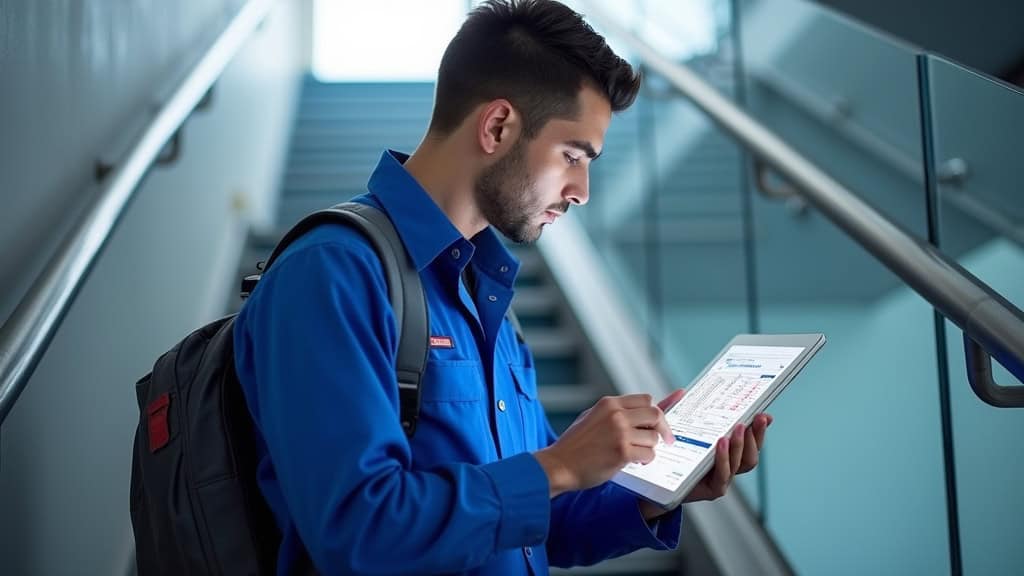 Technicien en combinaison bleue mesurant un escalier avec un laser à Valserhône, en train de noter des données sur un tablette
