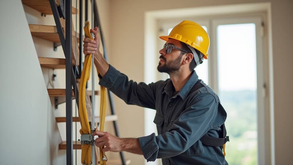 Technicien en train de mesurer un escalier à Gordes pour installation de monte-escalier
