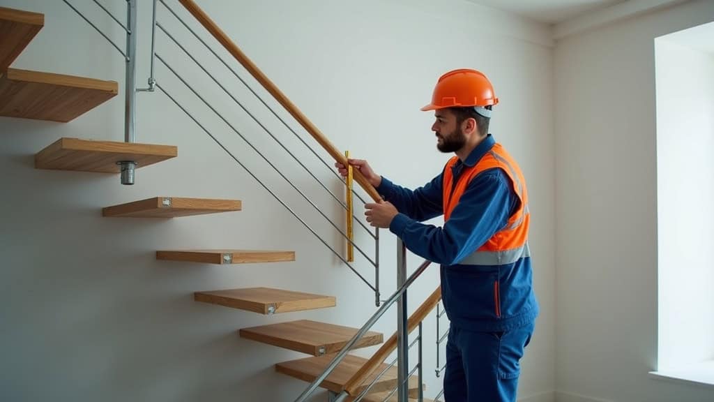 Technicien en train de mesurer un escalier à Saussan pour une étude de monte-escalier