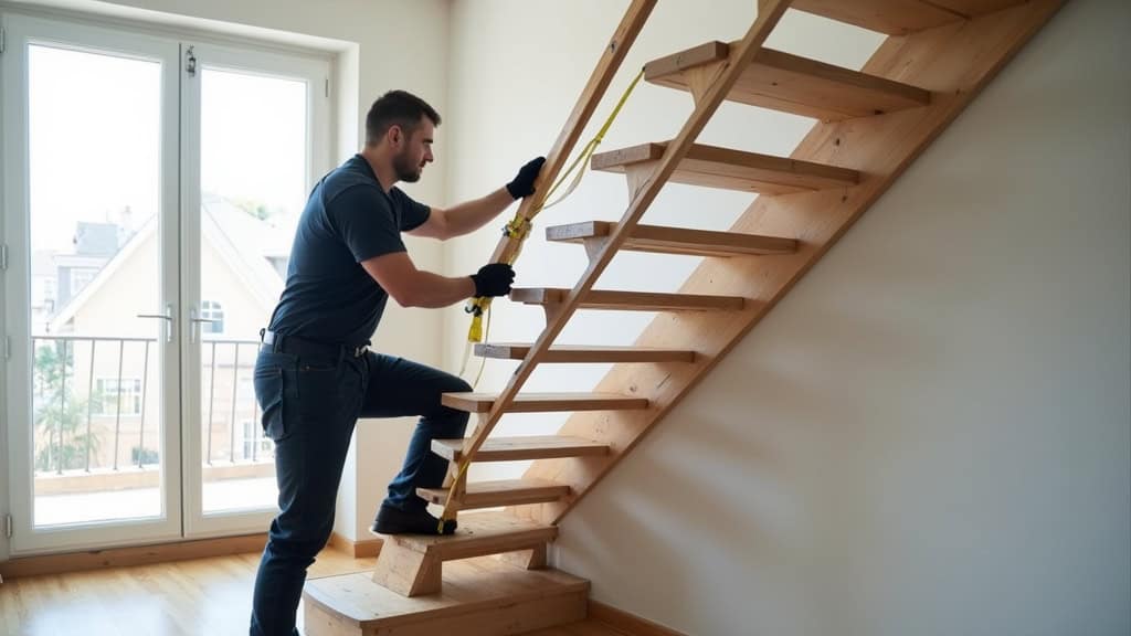 Technicien en train de mesurer un escalier à Therdonne pour une installation de monte-escalier