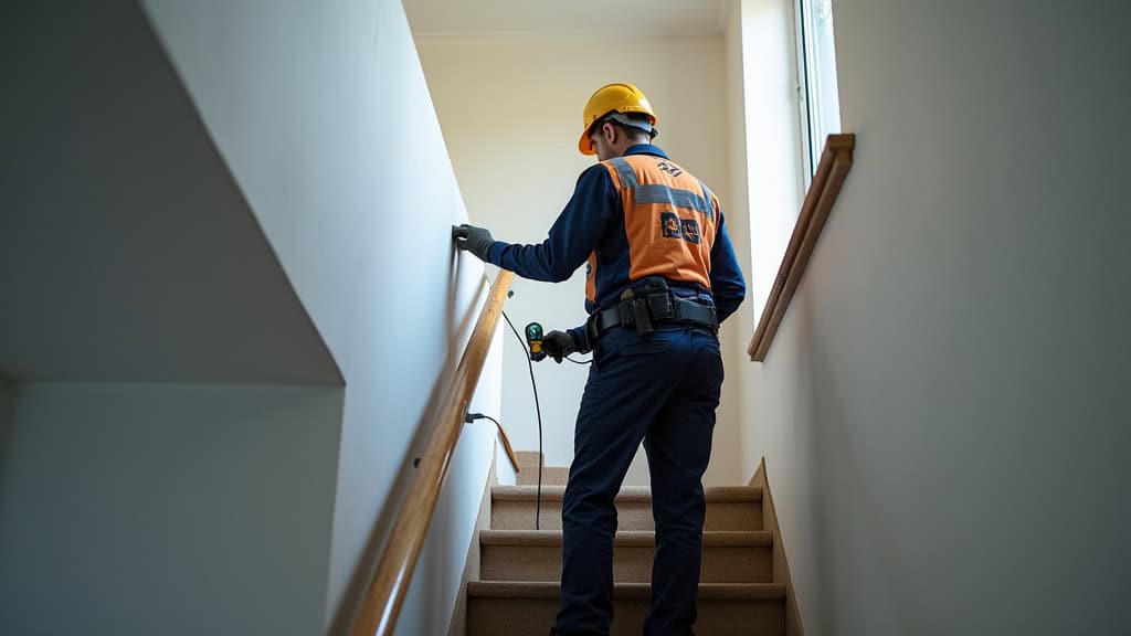 Technicien en train de mesurer un escalier avec un laser à Auvers-Saint-Georges, en compagnie d