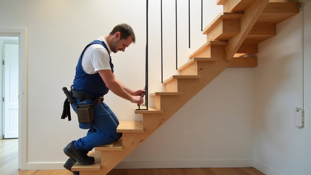 Technicien en train de mesurer un escalier en bois à Saint-Cloud
