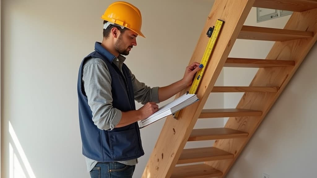 Technicien en train de mesurer un escalier en bois dans une maison de Pénestin avec un ruban à mesurer et un cahier de notes