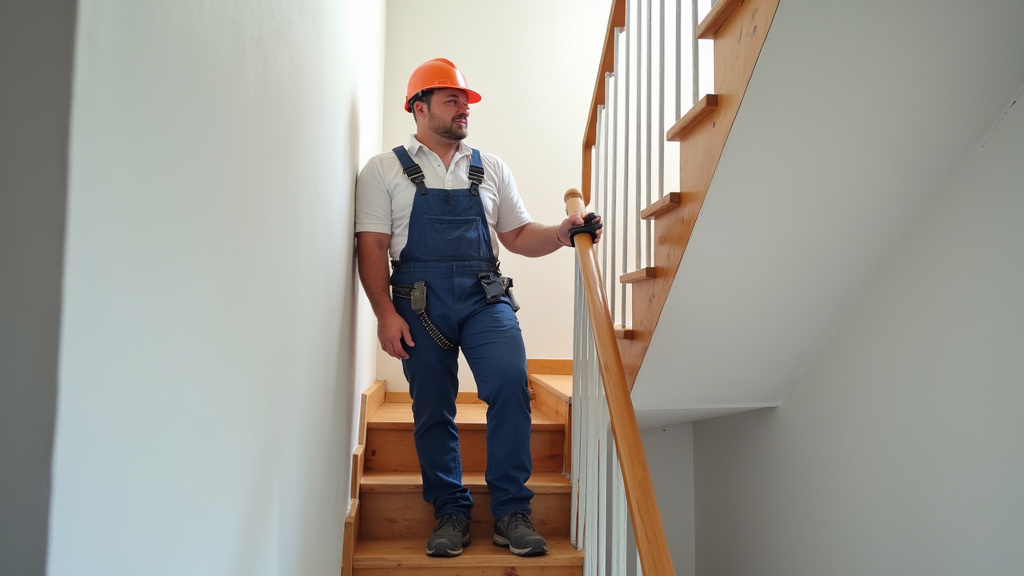 Technicien en train de mesurer un escalier pour installation de monte-escalier à Saint-Seurin-sur-l