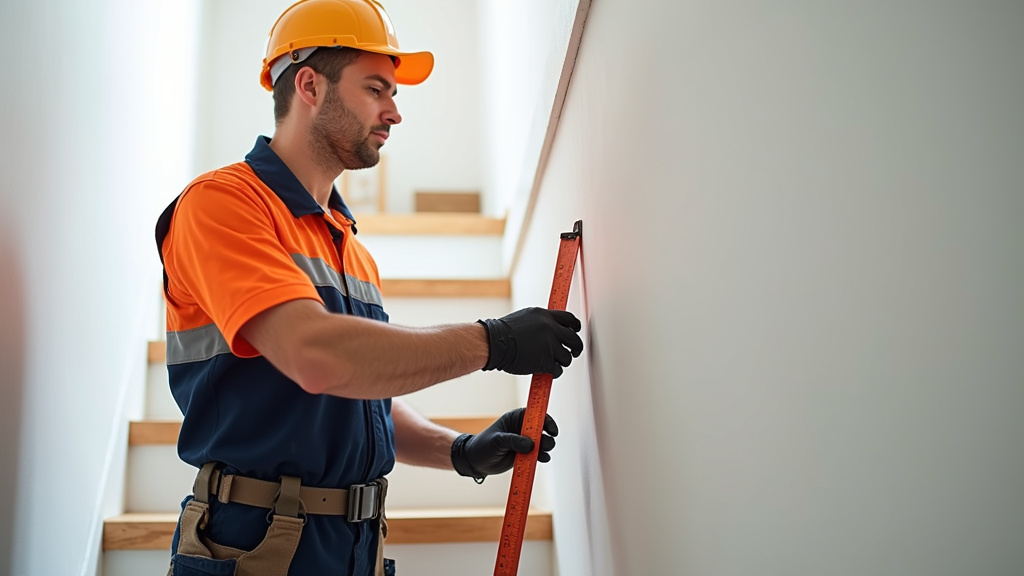 Technicien en train de mesurer un escalier pour une installation à Plélan-le-Petit