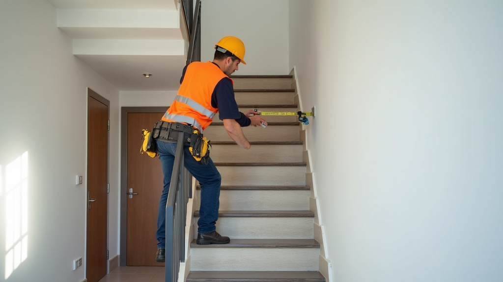 Technicien en train de mesurer un escalier pour une installation de monte-escalier à Haulchin