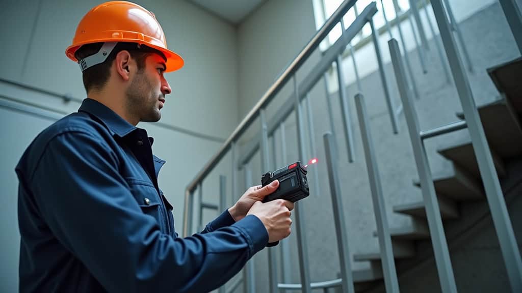 Technicien en train de mesurer un escalier tournant à Abbaretz avec un laser, en présence d