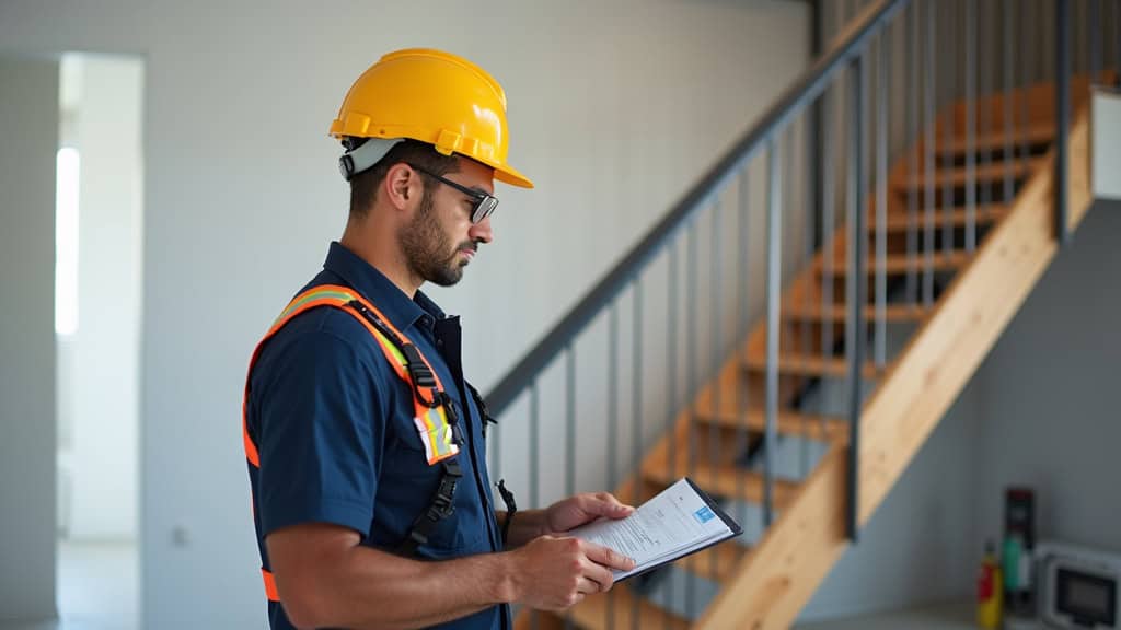 Technicien en train de prendre des mesures pour un devis de monte-escalier à Bonson
