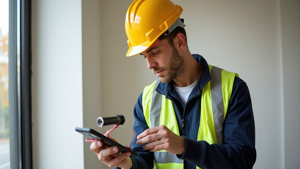Technicien en train de prendre les mesures pour un monte-escalier tournant à Saint-Lumine-de-Clisson
