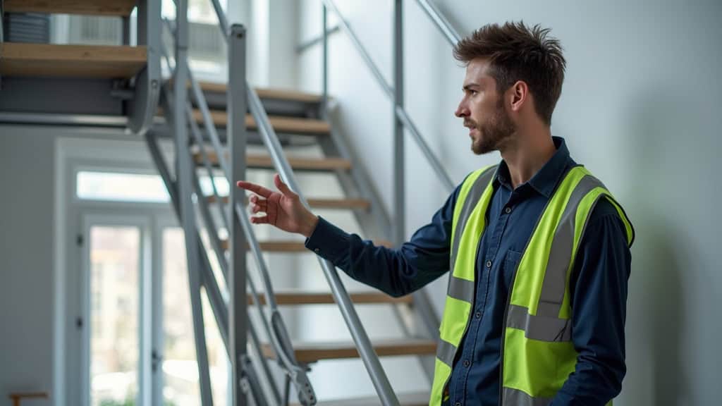 Technicien en train de tester un monte-escalier tournant chez un client à Messei