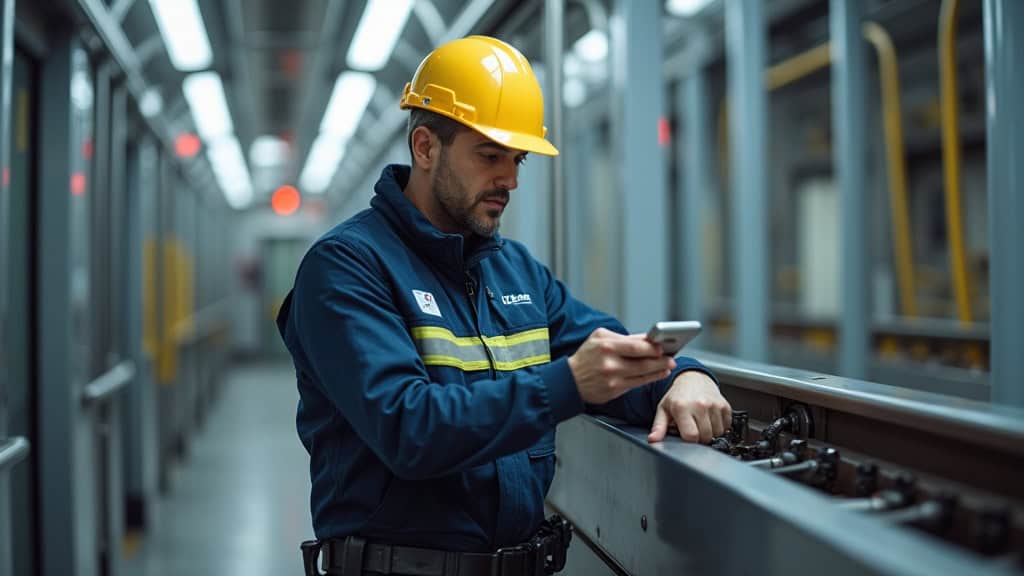 Technicien en train de vérifier les rails et les capteurs d