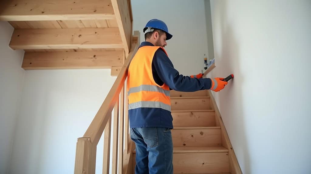 Technicien en train de vérifier un monte-escalier dans une maison à Connerré, vue de l
