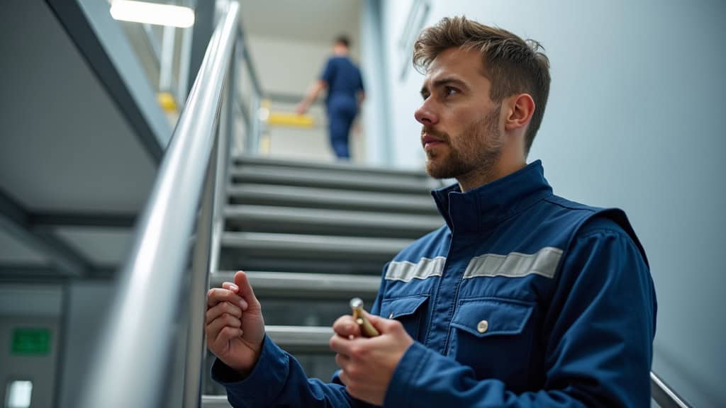 Technicien en train de vérifier un monte-escalier lors d’une visite d’entretien à Langeac
