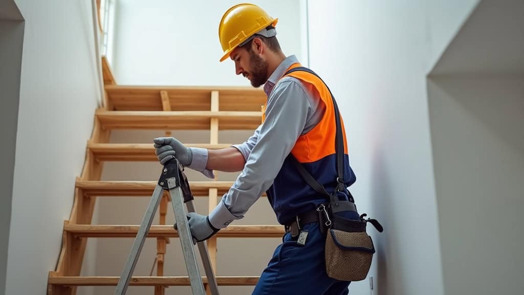 Technicien en train d’installer un monte-escalier à Blaincourt-lès-Précy