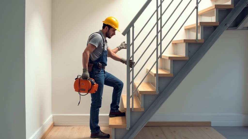 Technicien en train d’installer un monte escalier à Saint-Laurent-de-Chamousset