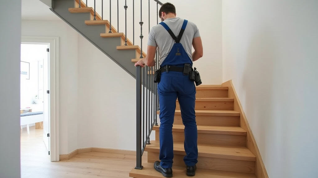 Technicien en train d’installer un monte-escalier courbe dans une maison à Charny, montage du rail sur l’escalier
