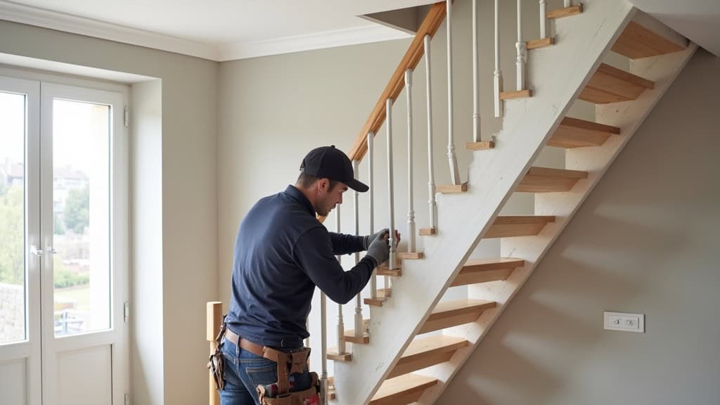 Technicien en train d’installer un monte-escalier dans une maison à Charleval