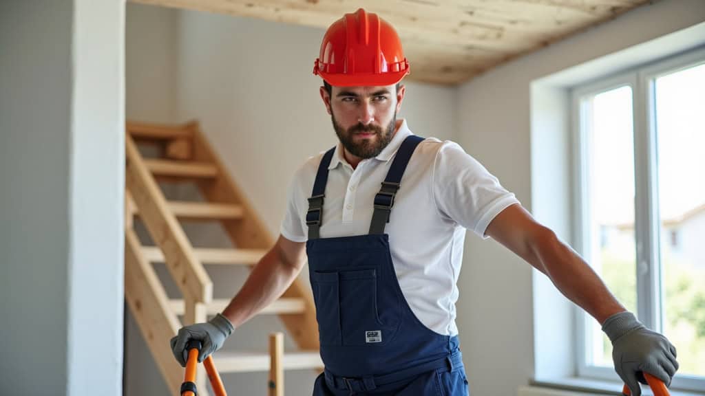 Technicien en train d’installer un monte-escalier dans une maison à Langeac