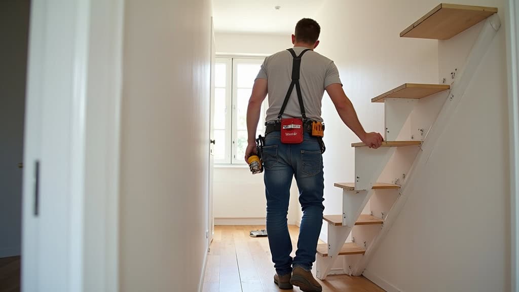Technicien en train d’installer un monte-escalier dans une maison à Le Faou