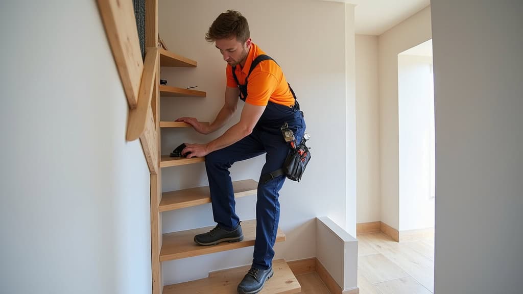 Technicien en train d’installer un monte-escalier dans une maison à Meysse