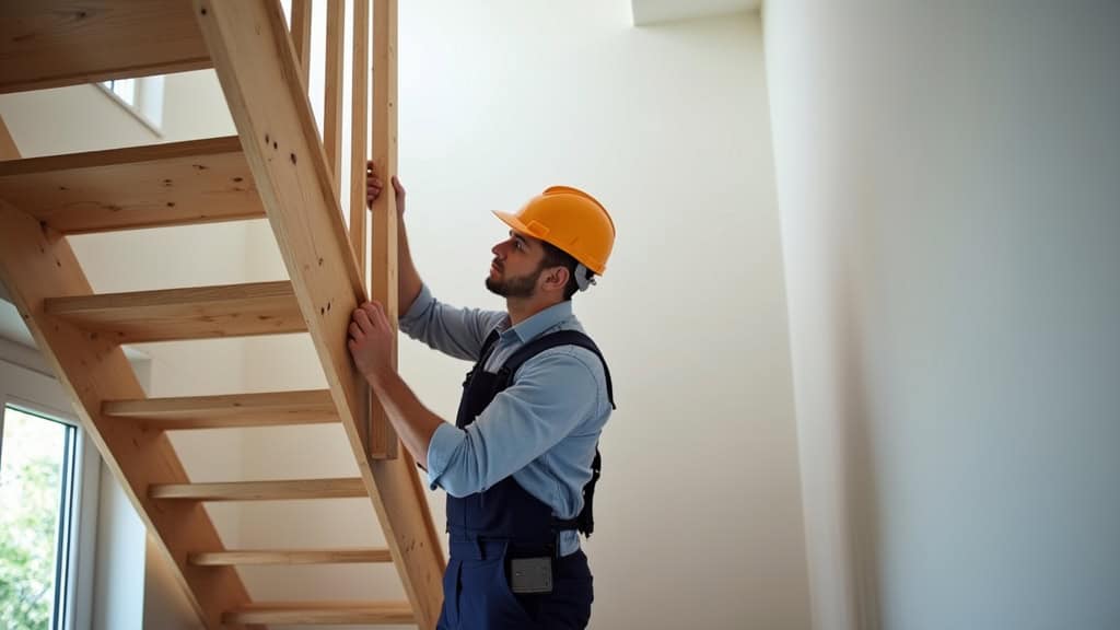 Technicien en train d’installer un monte-escalier dans une maison à Saint-Fulgent