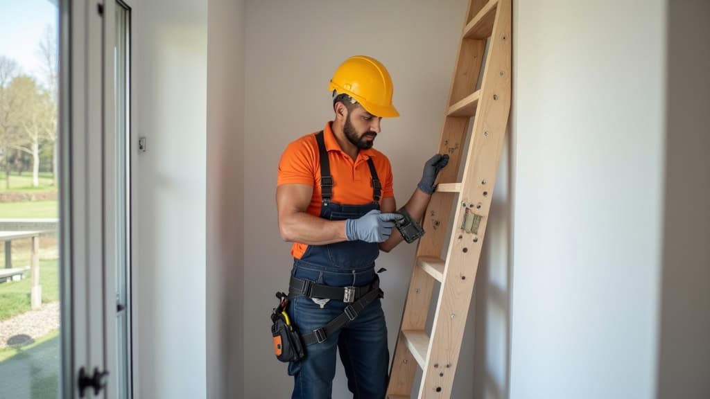 Technicien en train d’installer un monte-escalier dans une maison à Wahagnies