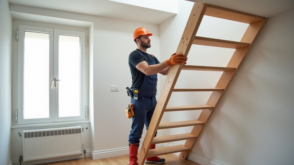 Technicien en train d’installer un monte-escalier dans une maison de Fillière