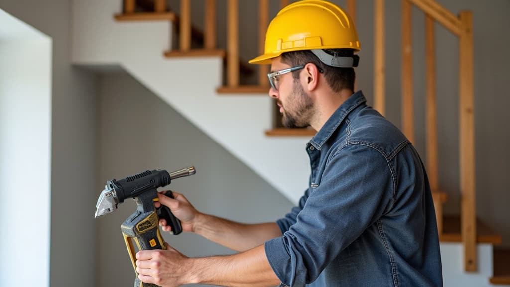 Technicien en train d’installer un monte-escalier dans une maison de Goyave, avec outils et rail en place