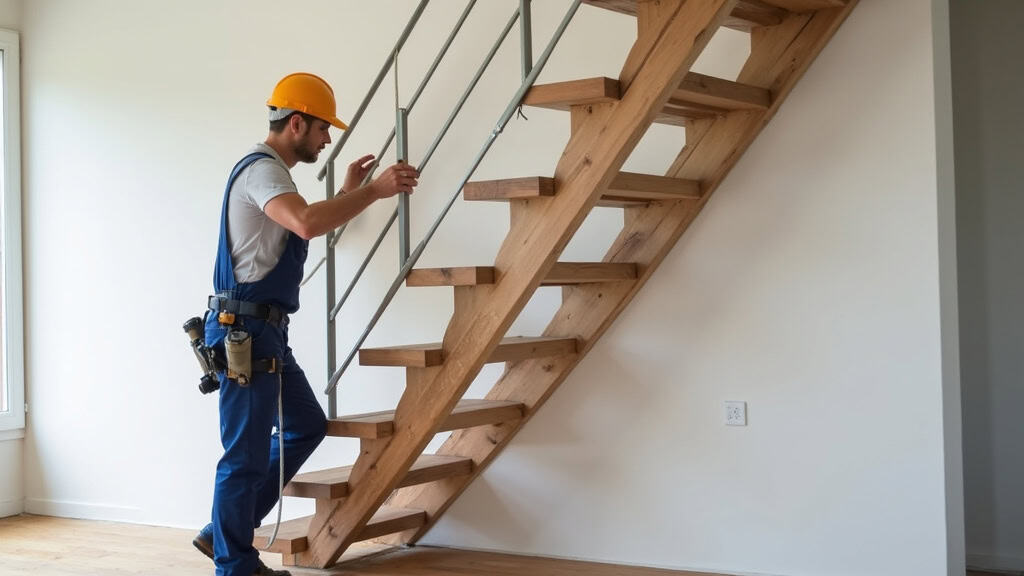 Technicien en train d’installer un monte-escalier droit dans une maison à Blavozy