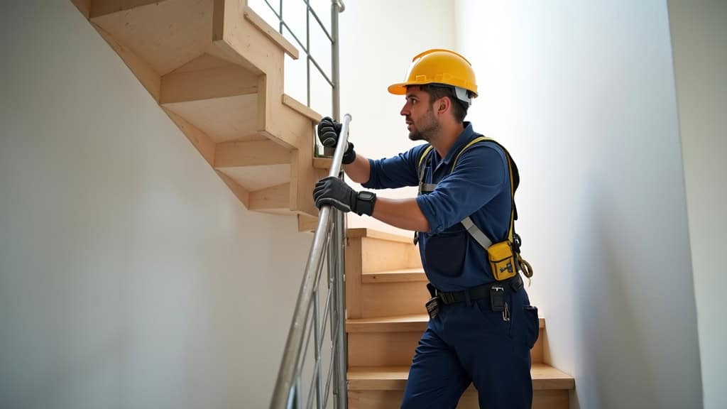 Technicien en train d’installer un monte-escalier sur un escalier droit à Mondonville