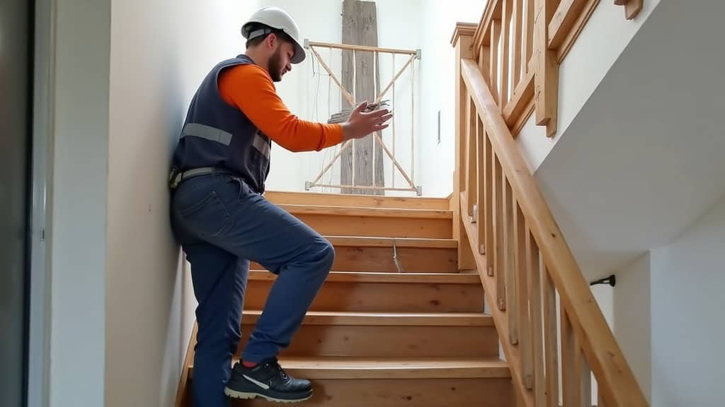 Technicien en train d’installer un monte-escalier tournant sur un escalier en colimaçon à Gourdon