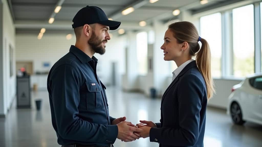 Technicien en uniforme discutant avec un client à Ambilly avant installation