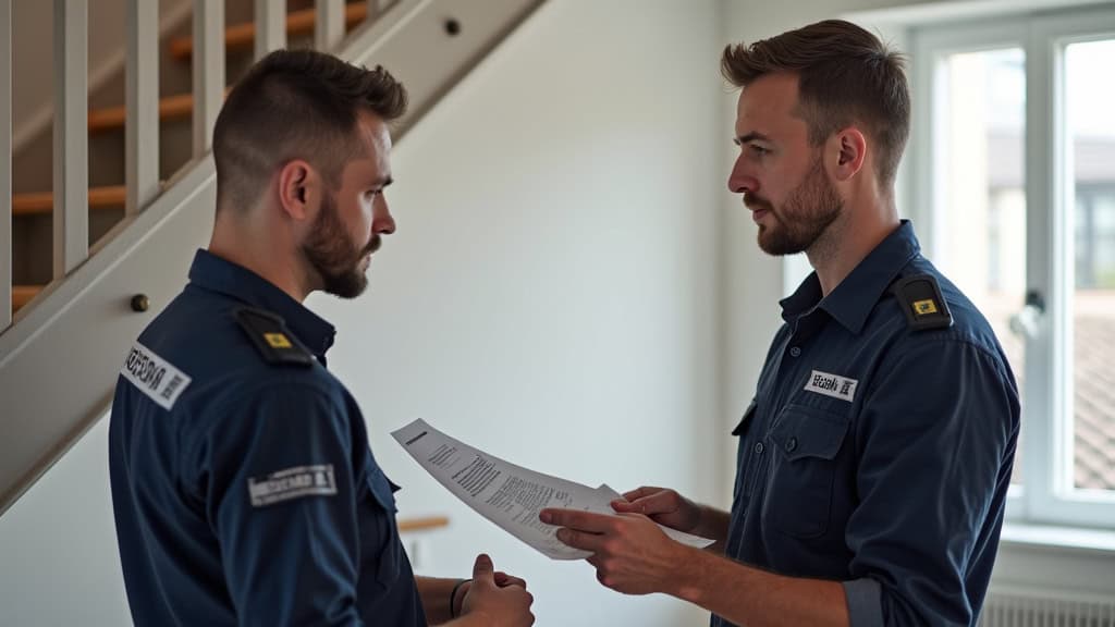 Technicien en uniforme discutant avec un client et présentant un contrat d’entretien pour monte-escalier à Gourdon