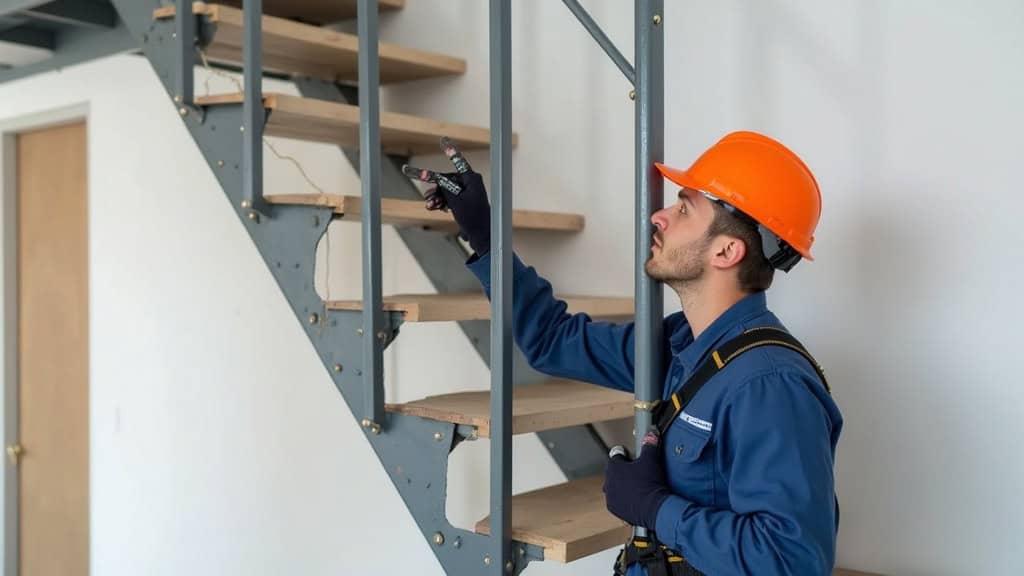 Technicien installant un monte-escalier à Ydes