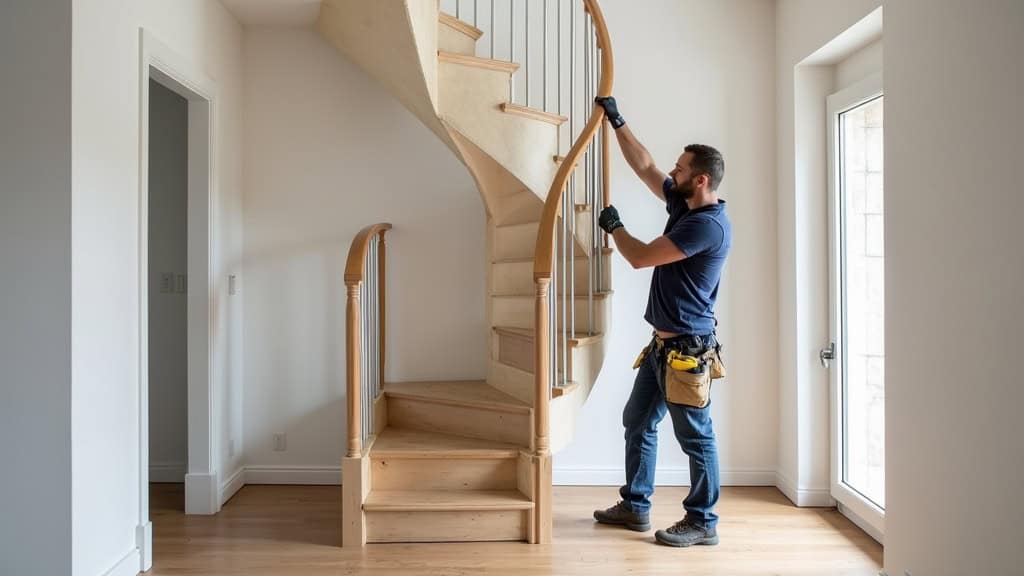Technicien installant un monte-escalier courbe dans une maison à Escalquens