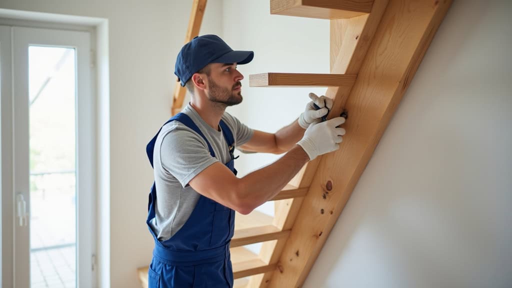 Technicien installant un monte-escalier dans une maison d