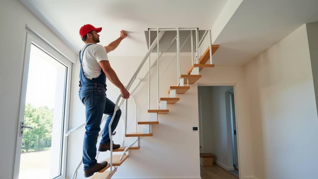 Technicien installant un monte-escalier dans une maison du Haut-Rhin