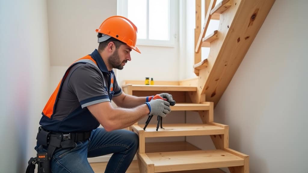 Technicien installant un monte-escalier droit sur un escalier en bois à Battenheim, sans dégâts ni poussière