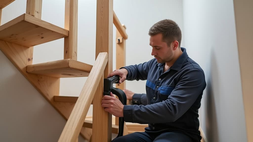 Technicien installant un monte-escalier droit sur un escalier en bois à Bioule, avec un siège en noir et accoudoirs réglables