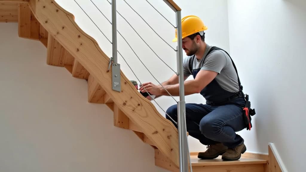 Technicien installant un monte-escalier sur un escalier droit en bois à Beauquesne, avec outils et rail en aluminium
