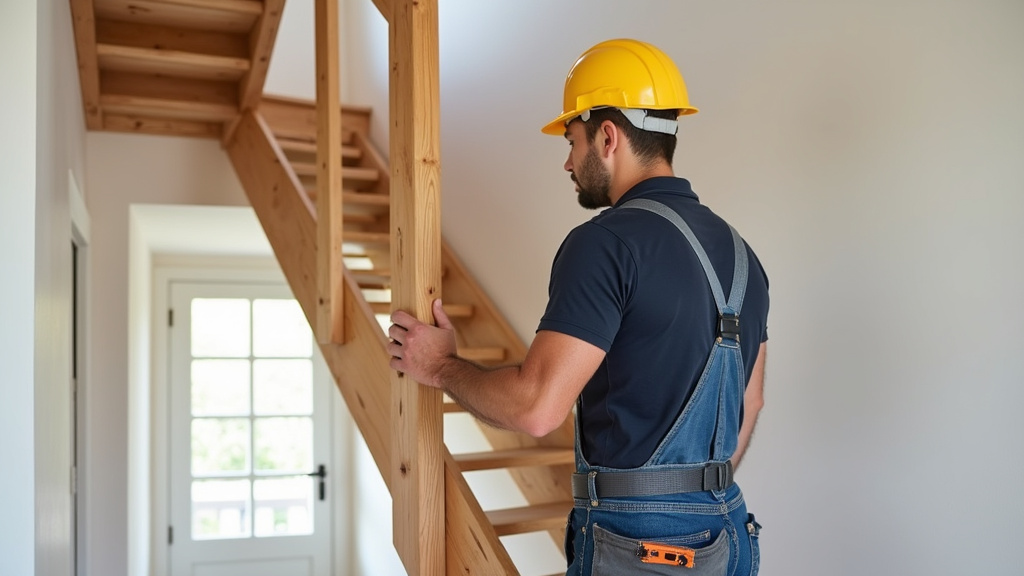 Technicien installant un monte-escalier sur un escalier en bois dans une maison de Barsac