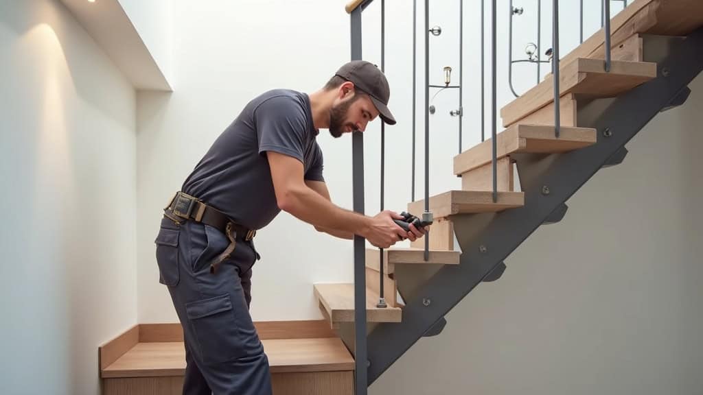 Technicien installant un monte-escalier sur un escalier intérieur à Sainte-Gemme-Moronval