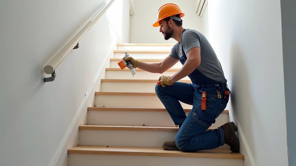 Technicien installant un monte-escalier sur un escalier tournant à Brouckerque